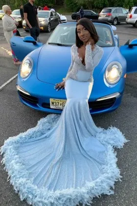 feather long train silver lace glitter lurex prom dress