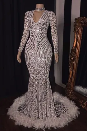 Sparkly sequin feather mermaid long sleeve prom dress