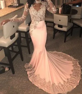 Blushing pink lace and spandex long sleeve prom dress