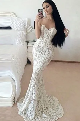 Strapless V neck white lace mermaid formal dress