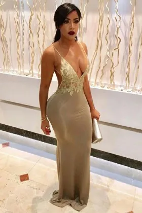 Sexy plunging neckline body hugging long prom dress