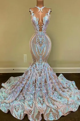 Sparkly iridescent sequin nude mesh trumpet African American prom dress