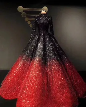 ombre sequin black to red high neck ballgown prom dress