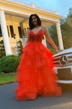 Sparkly red glitter and tulle flounced long prom gown
