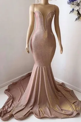 Sheer tulle plunging neckline nude glitter lurex mermaid prom dress