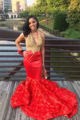 gold lace appliqued red satin 3D rosette African American prom dress
