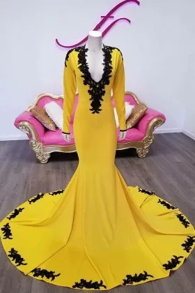 mango yellow mermaid prom gown with black lace appliques
