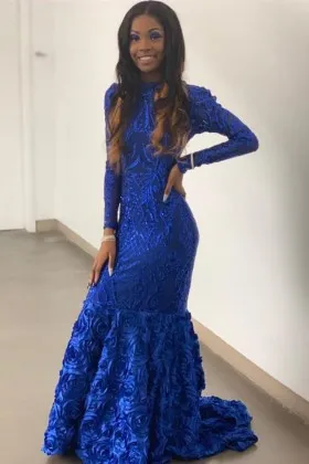 Stunning royal blue sequin 3D rosette long prom dress
