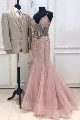 Beaded sheer bodice dusty pink tulle godet prom dress