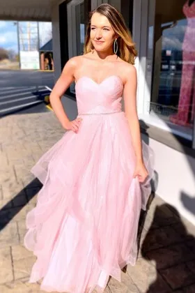 Strapless sweetheart baby pink tulle cute prom dress