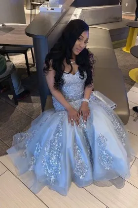 Glitter lace appliqued ice blue satin tulle prom gown
