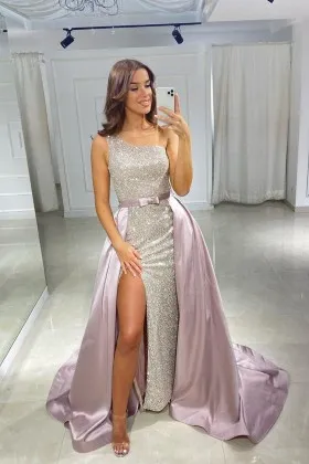 beading one shoulder pearl pink overskirt prom dress