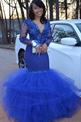 Beaded royal blue lace and tulle trumpet prom dress
