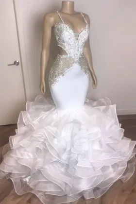 Beaded straps cut out white ruffled organza prom dress