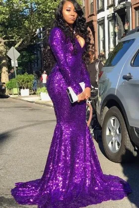 charming regency sequin long sleeve V neck prom dress