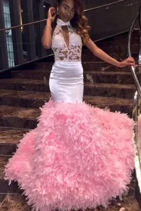 light pink sequin lace and feather wild prom dress