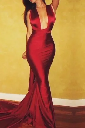 Sexy plunging neckline scarlet satin long prom dress