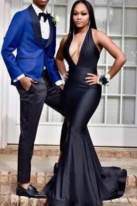 Halter plunging V neckline black mermaid prom dress