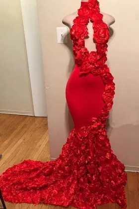 Exaggerated 3D rosettes red satin mermaid African American prom dress