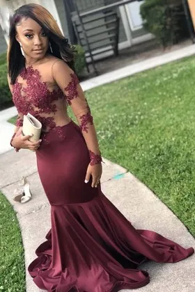 Beaded lace appliqued maroon African American prom gown