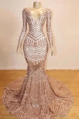 Rose gold sequin long sleeve mermaid sheer prom dress