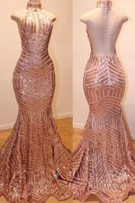 Sexy rose gold sequin illusion open back prom dress