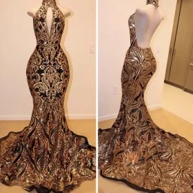 Gold sequin with black lining backless wild prom dress