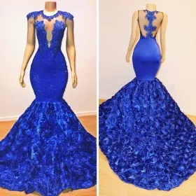 beaded royal blue lace and 3D rosette trumpet prom gown