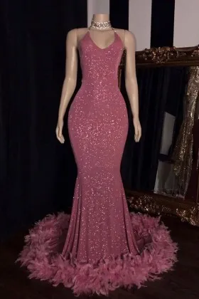 Amaranth glitter lurex with ostrich feather mermaid prom gown