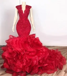 beaded red lace flange ruffled organza long prom dress