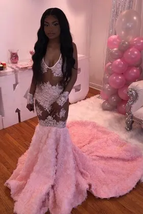Sweet sexy sheer pink lace and 3D rosette prom dress