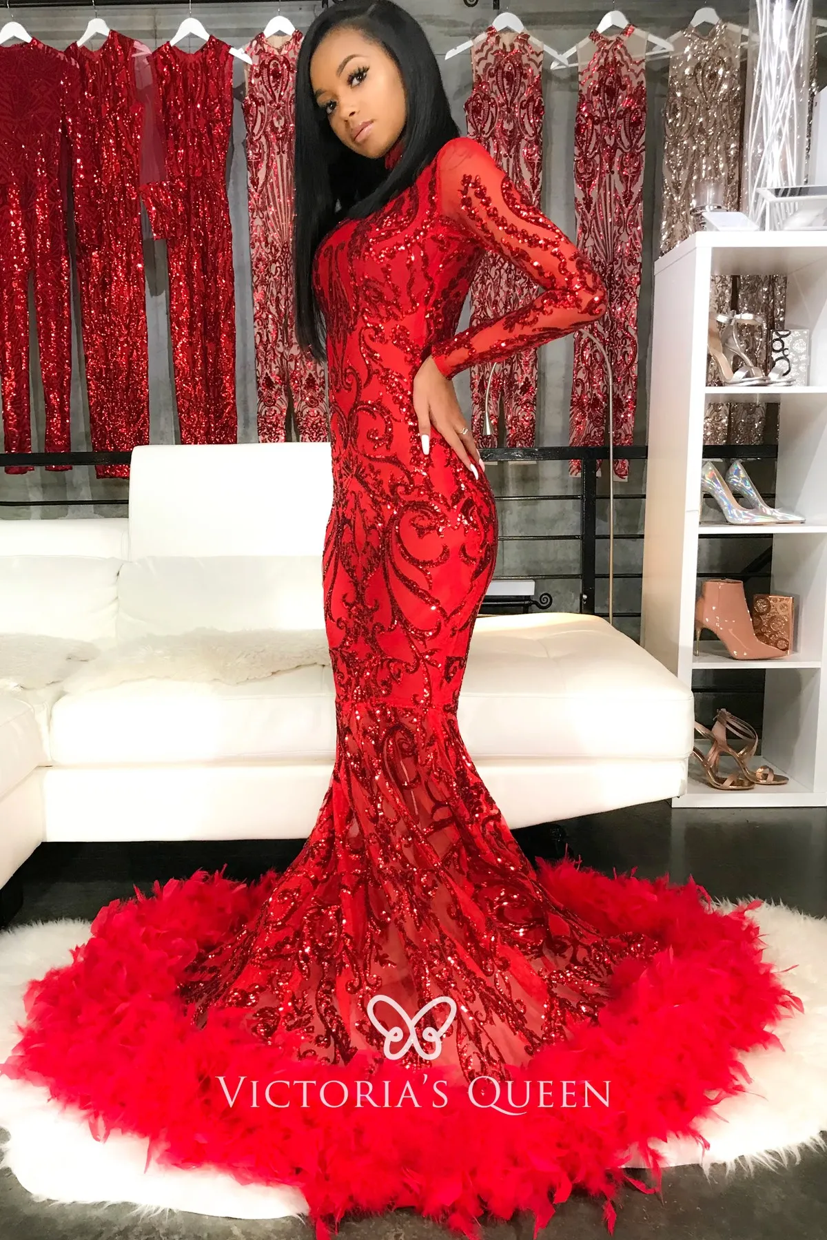 red sequin gown