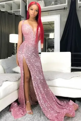 Sexy pink stripe sequin plunging sweetheart slit prom dress