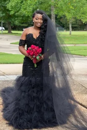 beaded lace and ruffled tulle African American gown