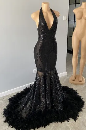 Sparkly black sequin and feather mermaid prom dress