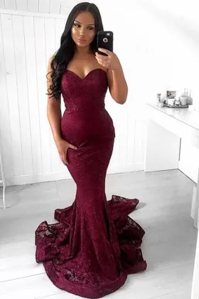 burgundy lace strapless sweetheart mermaid prom dress