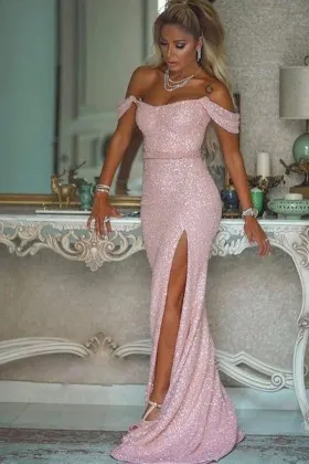 Glistening pink off the shoulder sheath slit prom dress