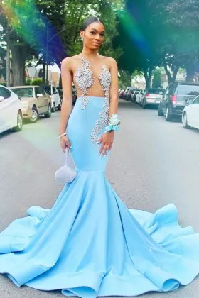 Sexy sheer silver lace bodice sky blue satin prom dress