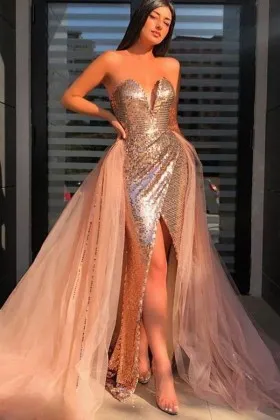 Dazzling rose gold sequin and tulle overskirt prom gown