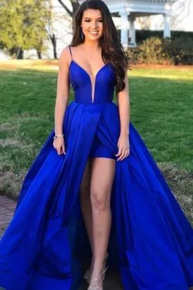 Fabulous royal blue satin split overskirt prom dress