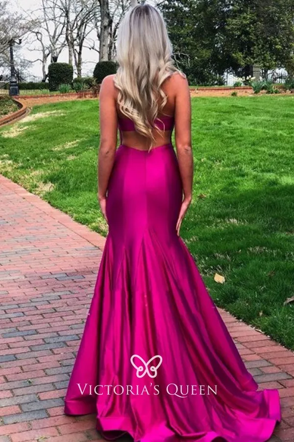 Elegant Fuchsia Satin Crew Neck Mermaid Formal Dress VQ