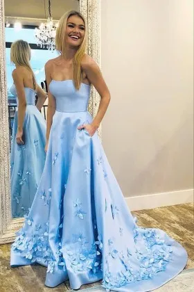 Sky blue satin with petals sweet prom party gown