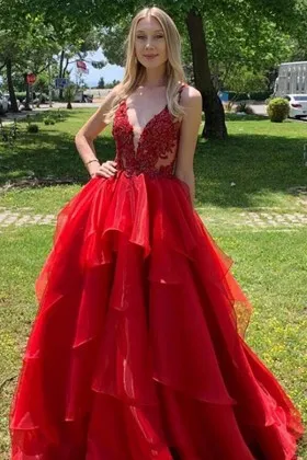 Gorgeous red lace and layered organza long formal gown