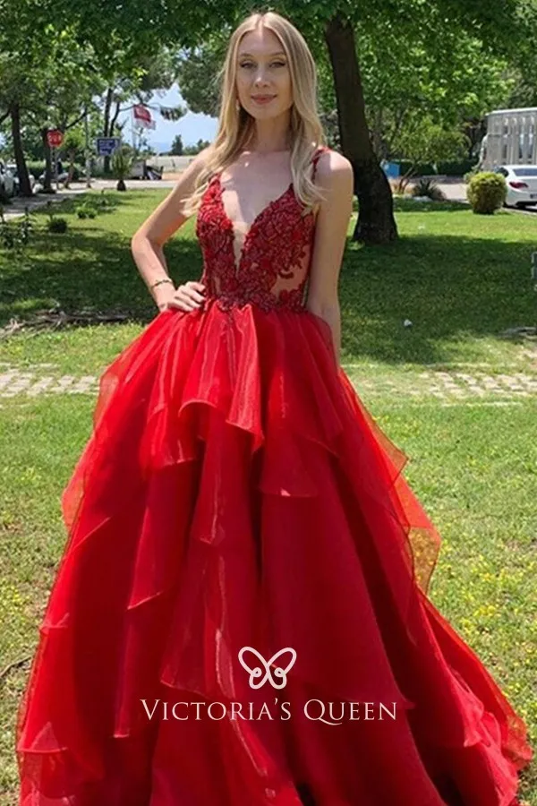 Gorgeous Red Lace and Layered Organza Long Formal Gown - VQ