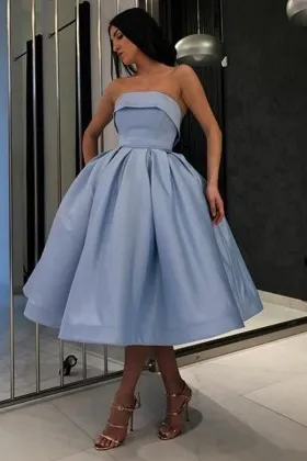 Strapless ice blue satin tea length ball gown