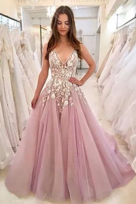 plunging V neck floral lace appliqued pastel pink dress