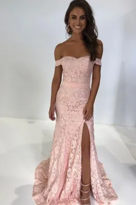 Sexy off the shoulder pearl pink lace long party dress