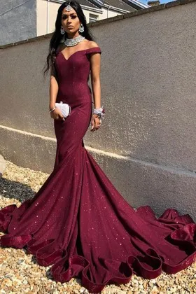 Stunning burgundy glitter lurex flounced long train prom dress