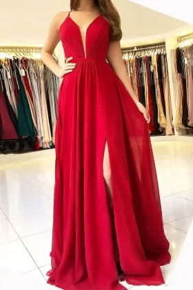 Popular red chiffon A line long evening prom dress