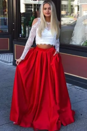 White lace cold shoulder red satin two piece prom dress